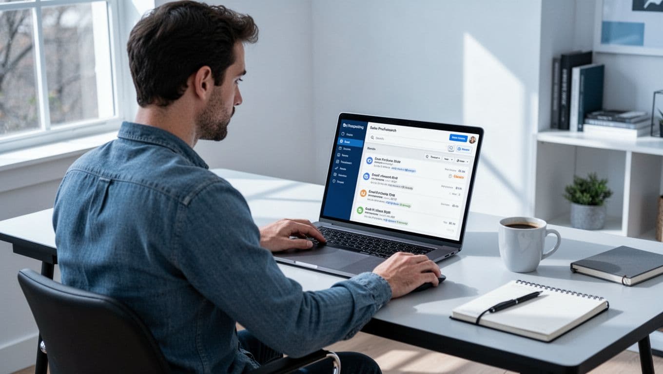 Solo startup founder sits at a clean modern desk in a bright home office, laptop open to a simplified sales prospecting dashboard with domain search results for emails, modern illustration in cool blue and white tones.