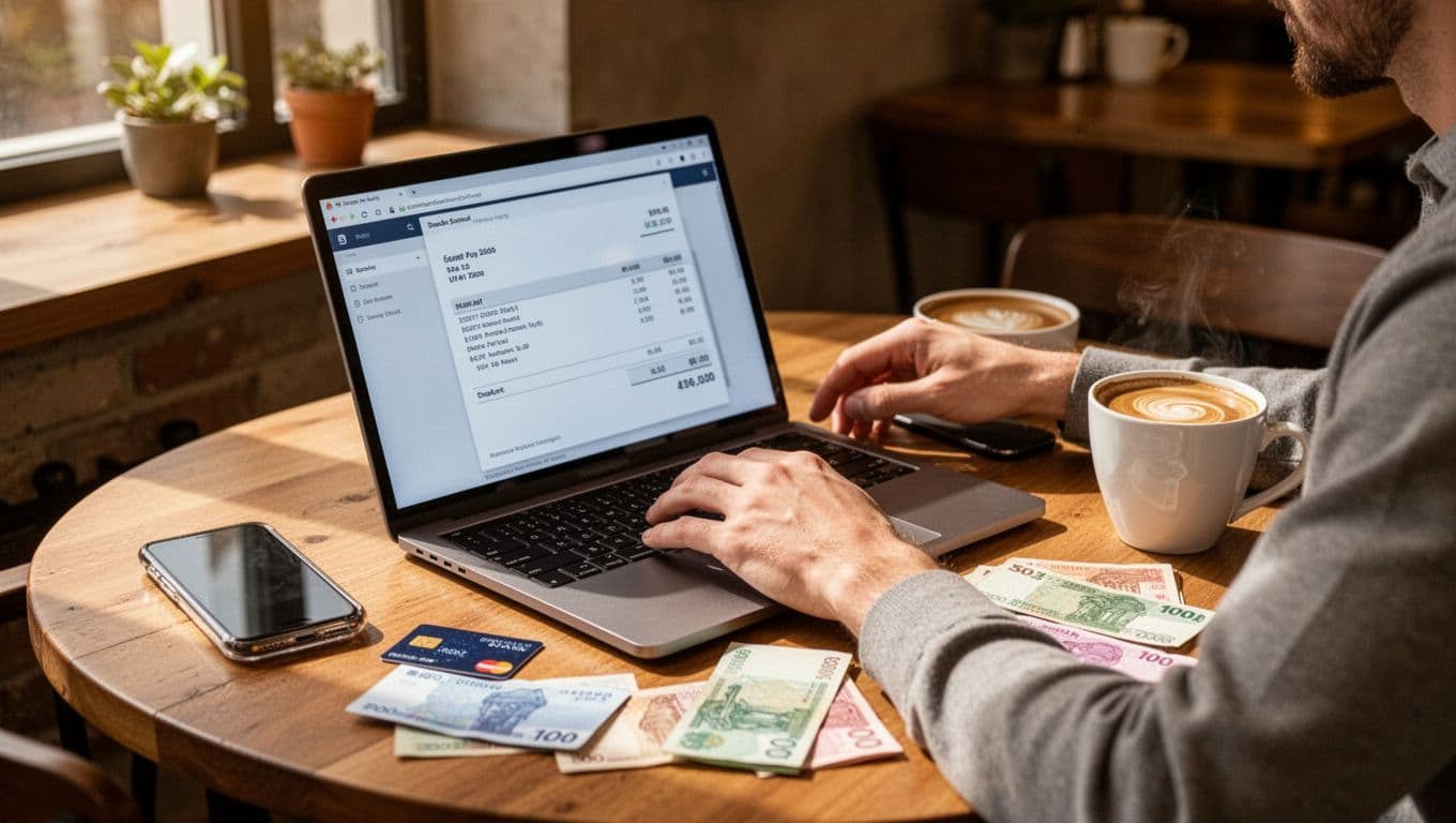 Illustration of a relaxed solopreneur freelancer at a cafe table with coffee, laptop, phone, debit card, and multi-currency notes, reviewing a Wise business invoice on screen in modern style with warm tones and cozy lighting.