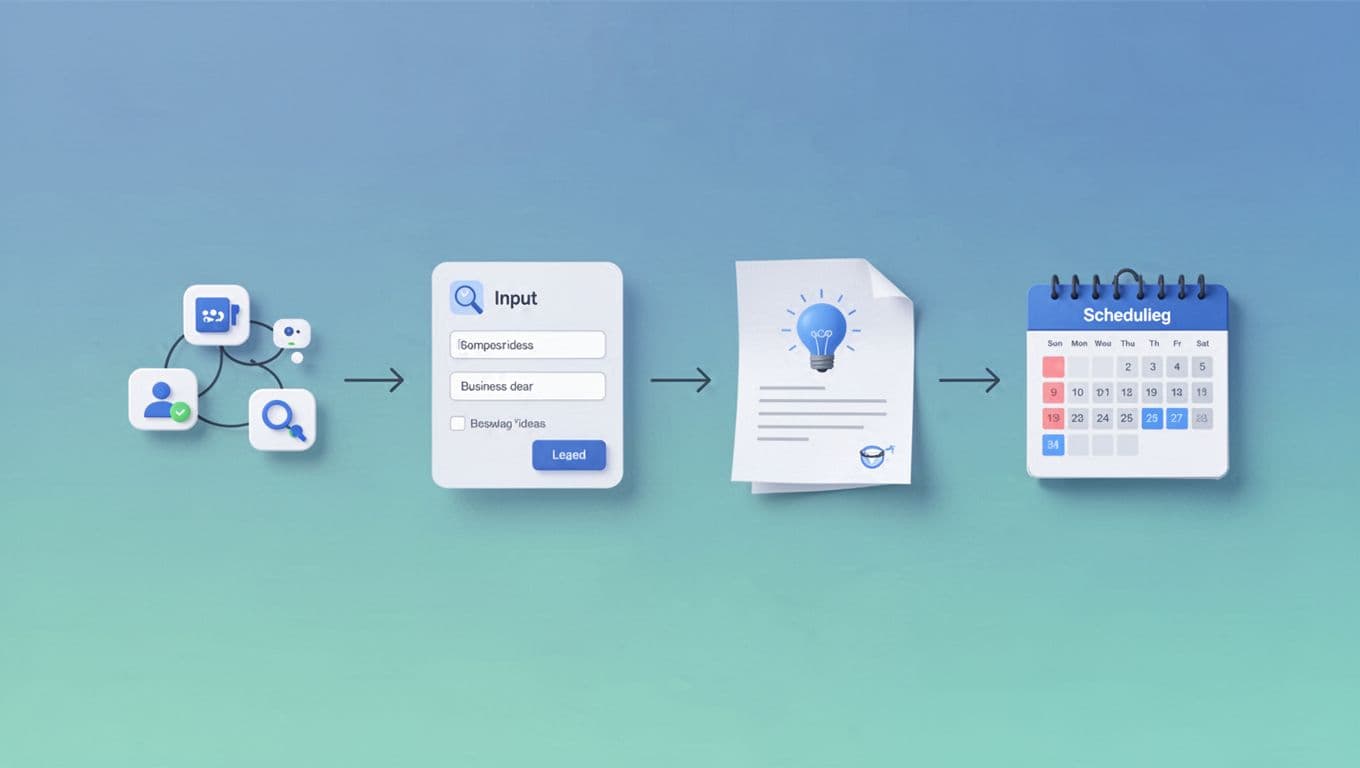 Horizontal flowchart with four simple modern icons connected by arrows, showing steps to connect accounts, input business info, generate content, and schedule posts. Clean shapes in blue-green palette, no text, people, or watermarks.