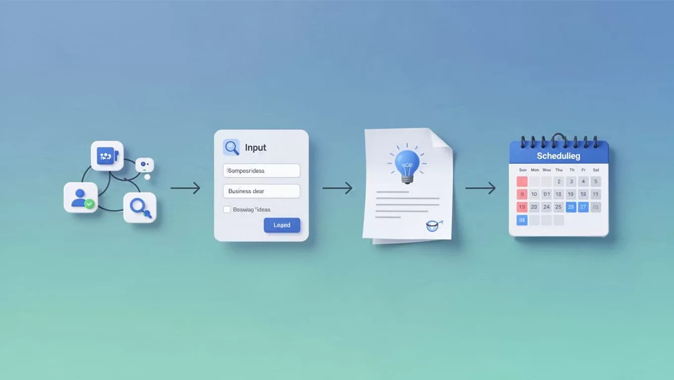Horizontal flowchart with four simple modern icons connected by arrows, showing steps to connect accounts, input business info, generate content, and schedule posts. Clean shapes in blue-green palette, no text, people, or watermarks.