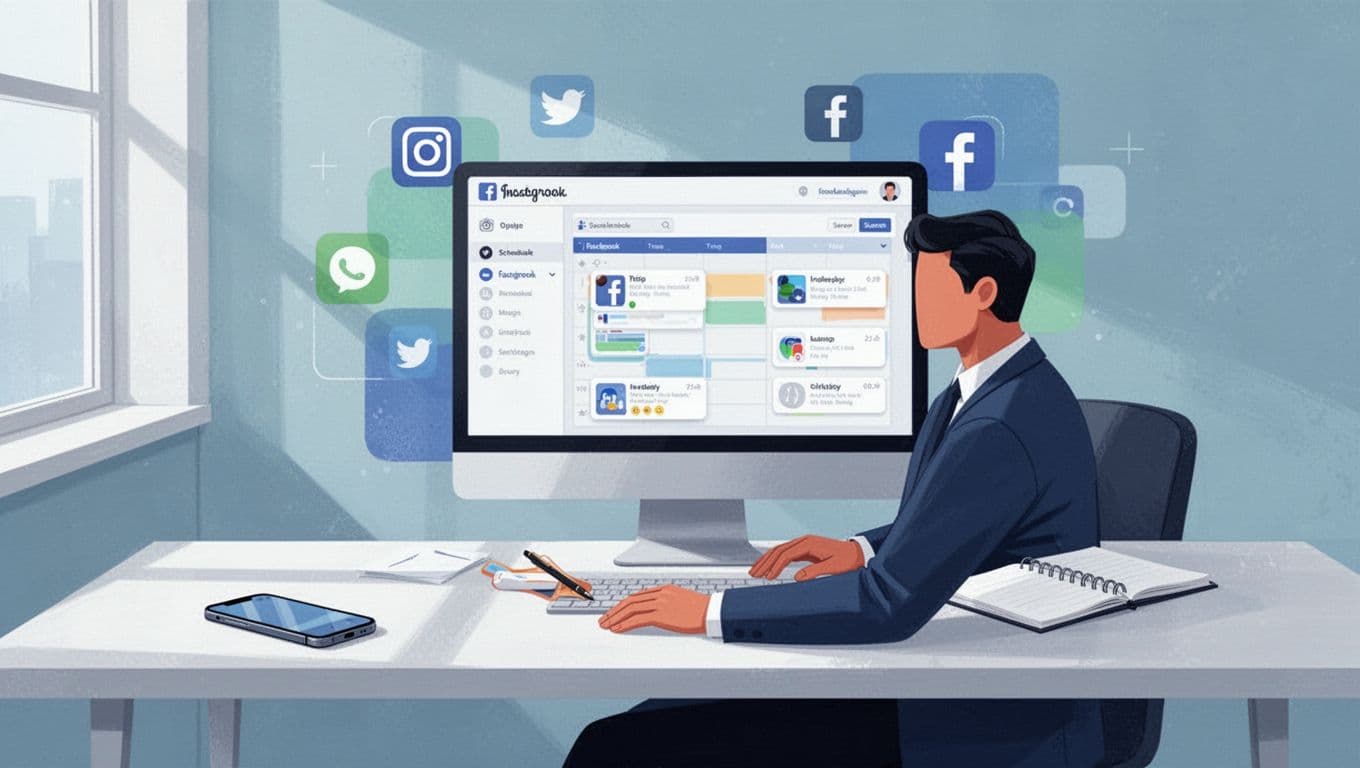 Modern illustration of a B2B professional scheduling social media posts on the Someli interface, featuring LinkedIn and Instagram icons, with a clean desk setup including phone and notebook, one person with hands resting.