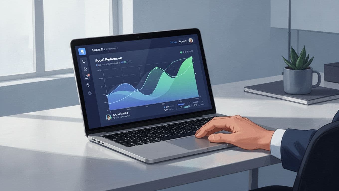 Modern illustration of a single laptop on a desk displaying the Someli analytics dashboard with abstract graphs for social media KPIs like engagement and leads, in a modern workspace with a relaxed hand nearby.