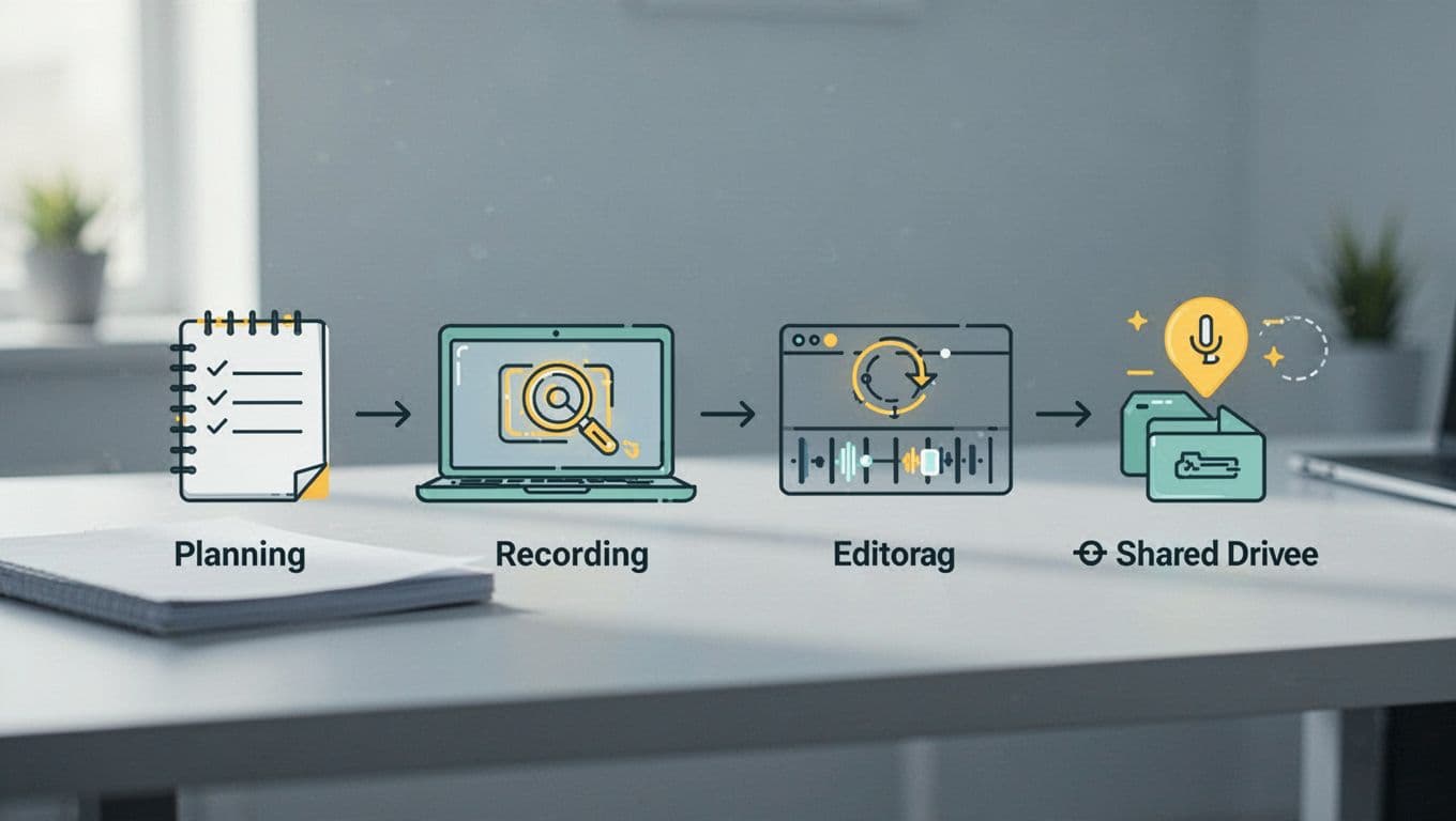 Modern illustration featuring a horizontal sequence of four simple line icons on a workspace desk, depicting the key steps in SOP video creation: planning with notepad, screen recording on laptop, editing timeline, and uploading to shared drive, connected by arrows.