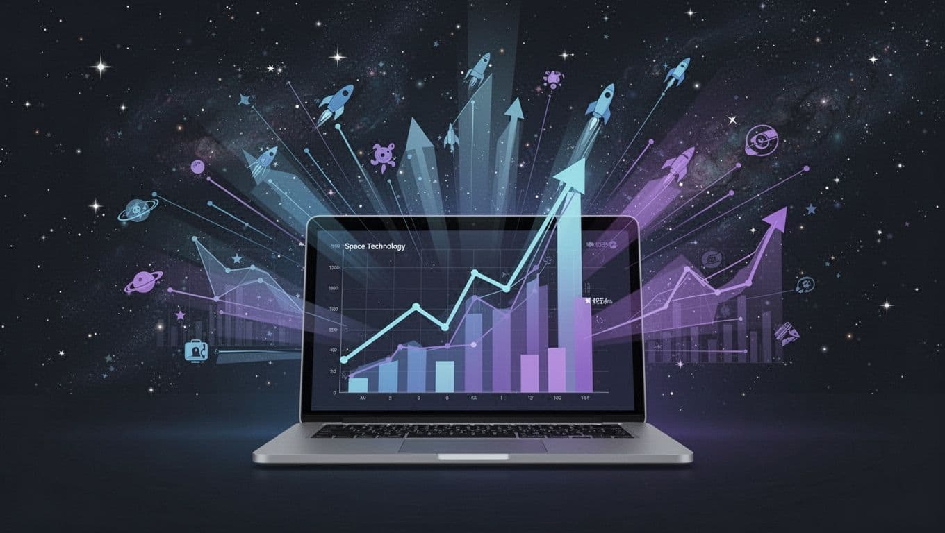 Modern flat illustration of a centered laptop screen displaying rising trend graphs for space tech topics like satellite swarms and lunar bases, in blue and purple tones on a dark cosmic background with soft glow lighting.
