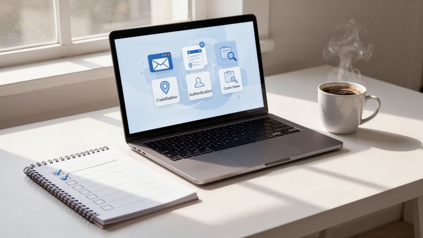 Modern illustration featuring a checklist on a notepad beside a laptop with a clean inbox open, icons for email verification, authentication, warm-up, and content checks, in a bright workspace with one coffee mug using blues, whites, and soft light.