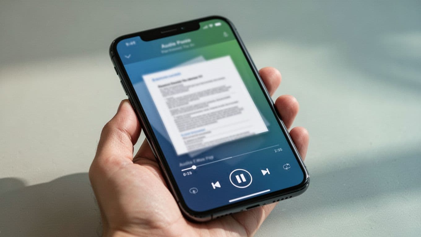 Modern illustration of a smartphone screen in the Speechify app showing text-to-speech playback controls with a highlighted, blurred PDF text snippet, held by one relaxed hand on a neutral background.