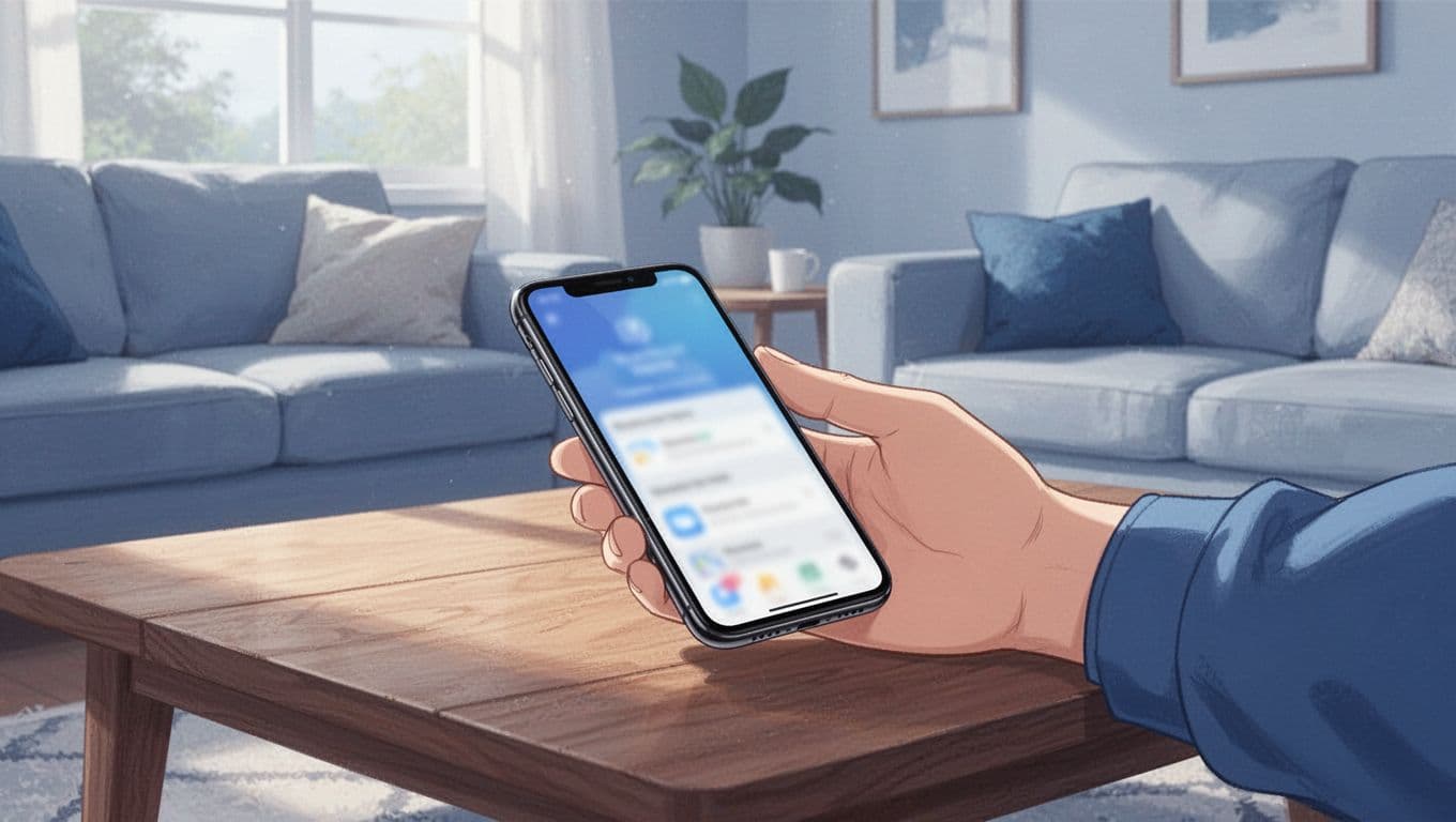 Modern illustration of a smartphone on a table with Speechify app open, relaxed hand holding the phone, blurred app interface, cozy home setting, soft lighting, clean shapes in blues and whites.