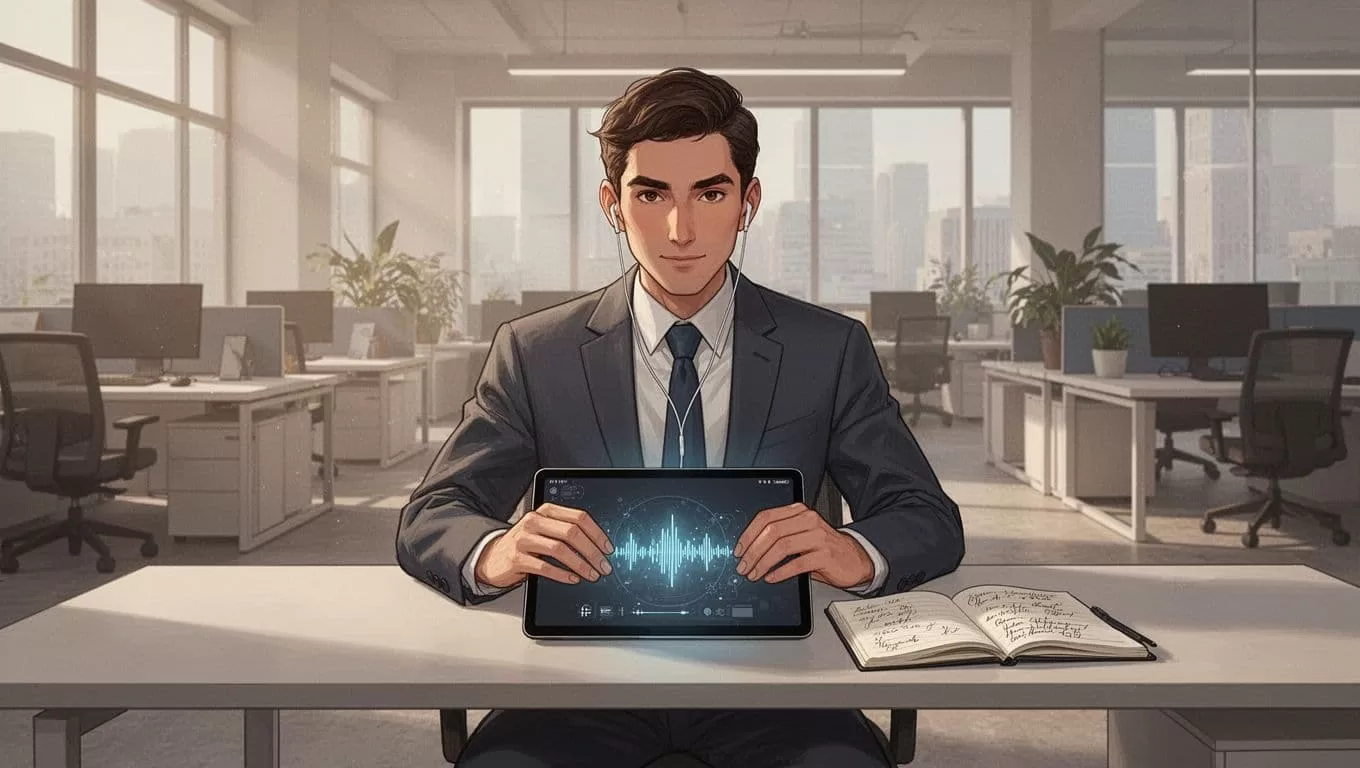 Business professional in open office using tablet with Speechify app open, showing text article read aloud with highlighted words syncing to audio, earbuds in, notes app summarizing content nearby; modern illustration style.