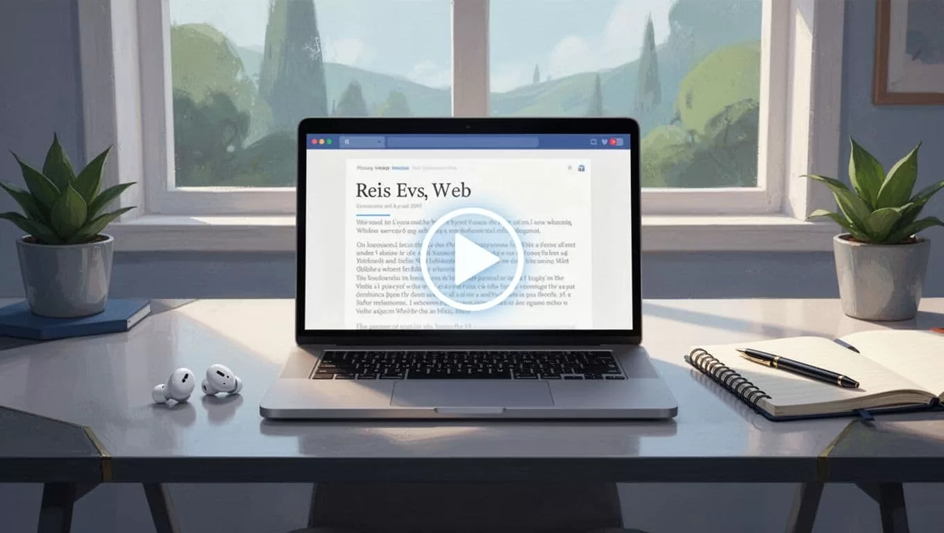 Clean modern desk setup featuring an open laptop displaying a webpage article with Speechify Chrome extension visualized by a play icon and text highlight, wireless earbuds connected, notebook and pen nearby, in a home office with natural light.
