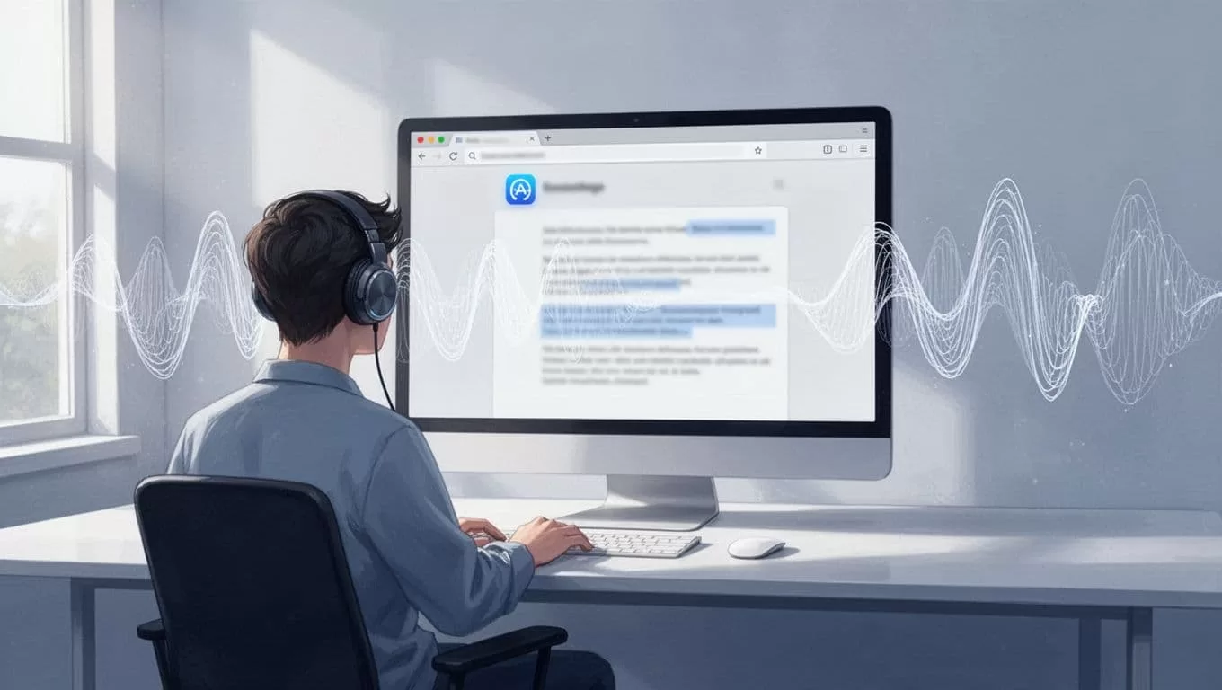 Modern illustration of Chrome browser toolbar with pinned Speechify extension icon, webpage with highlighted text read aloud via sound waves, person at desk listening with headphones, blues and whites palette.