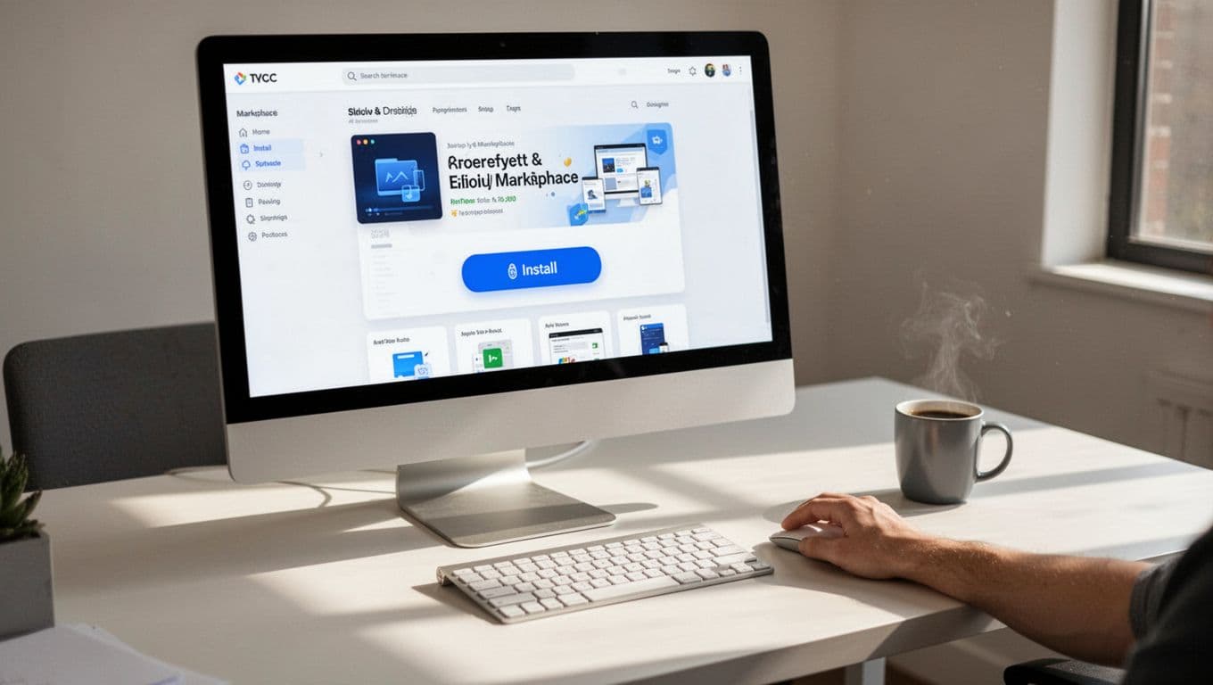 Modern illustration of a desktop computer screen displaying the Chrome Web Store search for the Speechify extension, with the blue 'Add to Chrome' button highlighted, set on a simple office desk with keyboard, coffee mug, and one hand on the mouse under natural daylight.