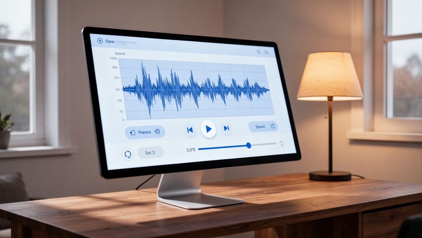 Modern illustration in clean blue and white tones showing a desktop computer screen displaying the Speechify desktop app with PDF playback controls, waveform visualization, and speed slider in a cozy home office setup.