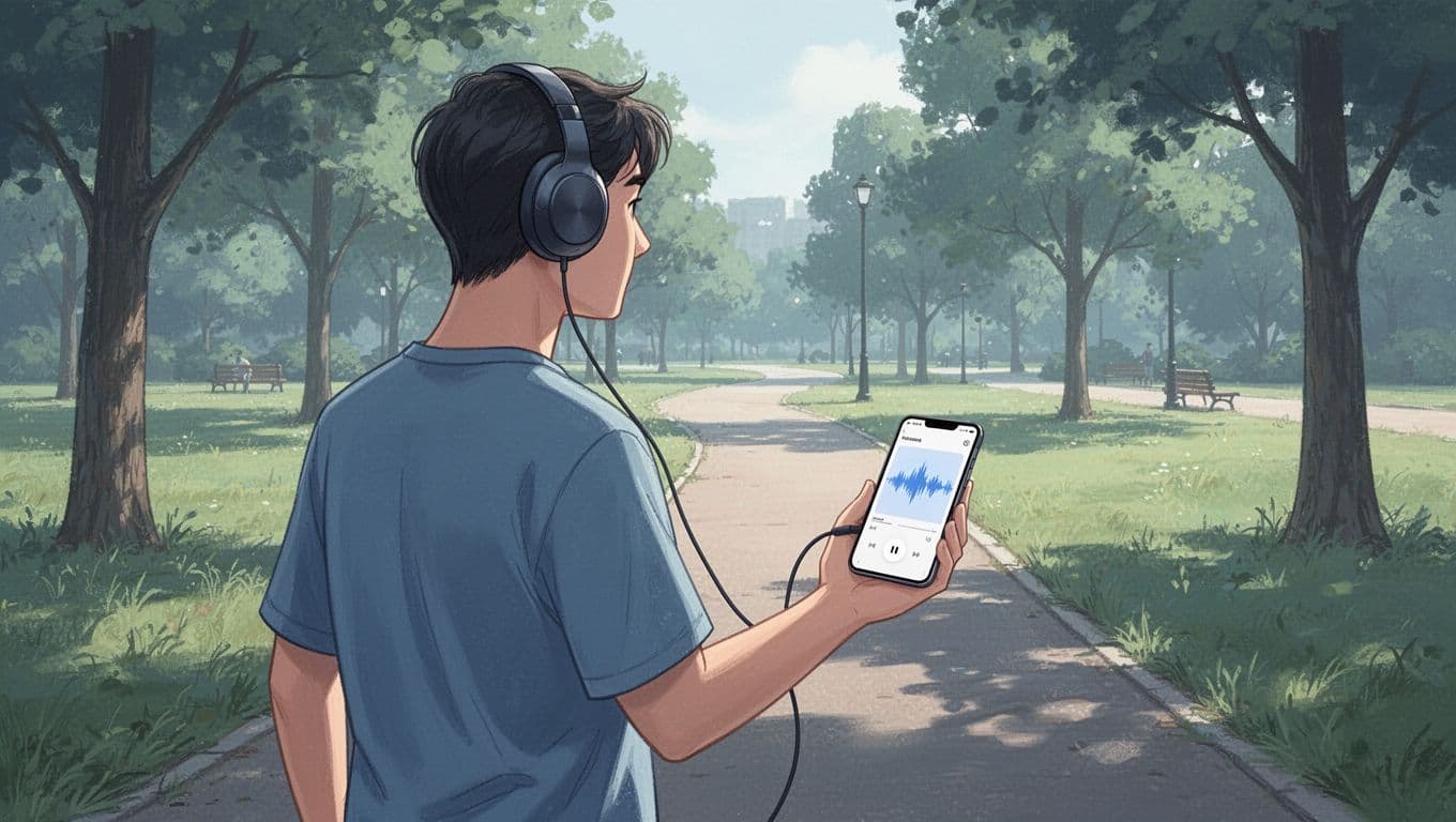 Modern illustration of one person wearing wireless headphones, listening to the Speechify app on a smartphone while walking relaxed on a sunny park path, with phone screen showing audio playback waveform.