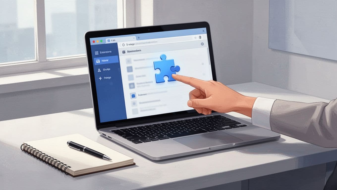 Modern illustration of a laptop screen showing the browser extensions menu with Speechify listed but icon missing, a hand pointing to a nearby puzzle icon, in a simple workspace with notebook, pen, and soft window light.