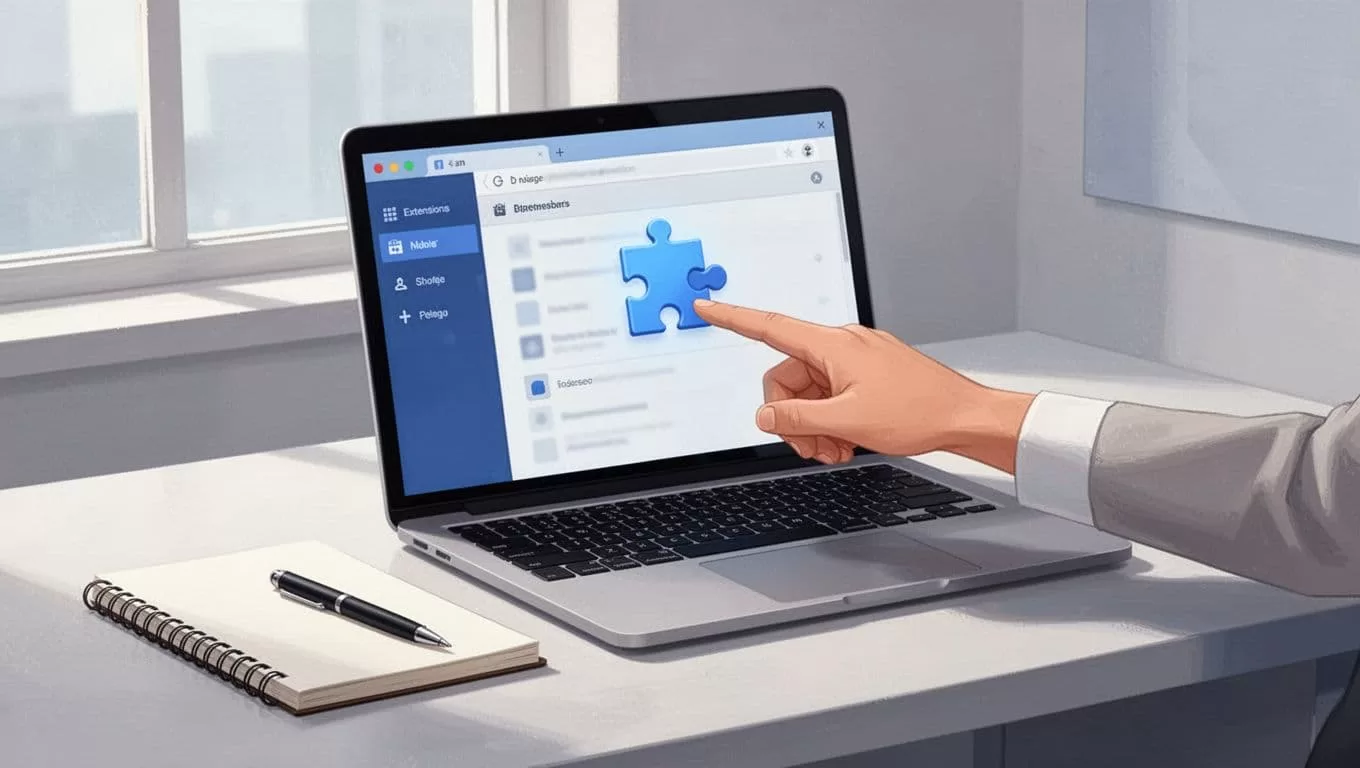 Modern illustration of a laptop screen showing the browser extensions menu with Speechify listed but icon missing, a hand pointing to a nearby puzzle icon, in a simple workspace with notebook, pen, and soft window light.