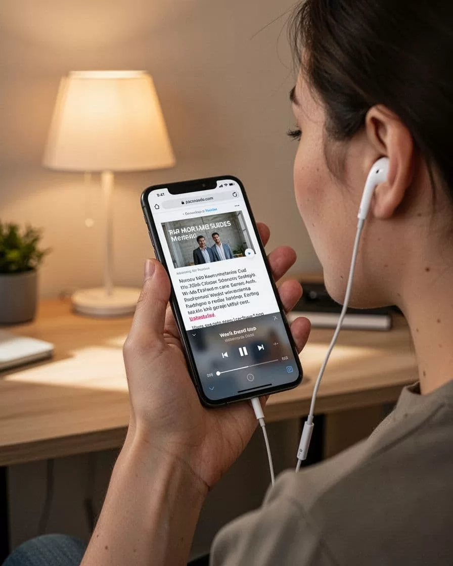 Modern illustration of a hand holding a mobile phone with Speechify reader active near the ear using an earbud, in a cozy home office with warm lighting.