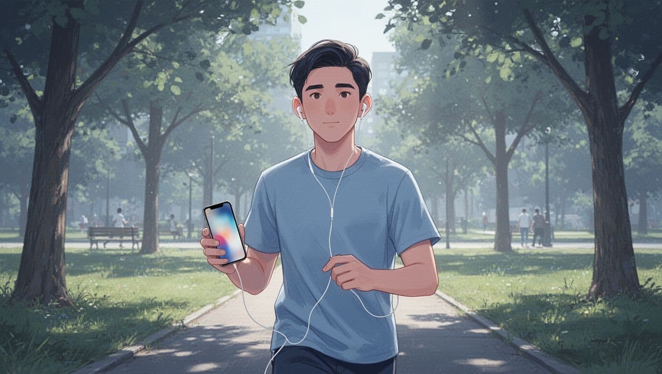 Modern illustration of a single user walking in a park, holding a smartphone with Speechify app playing PDF audio via earbuds, in clean shapes and soft blue-white palette with daylight lighting.