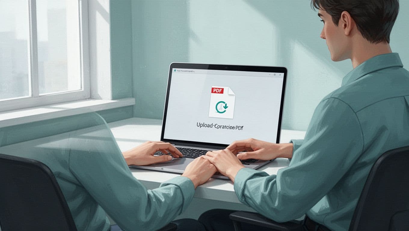 Modern illustration of one person at a desk with laptop showing Speechify app PDF upload interface in a simple home office with natural light.