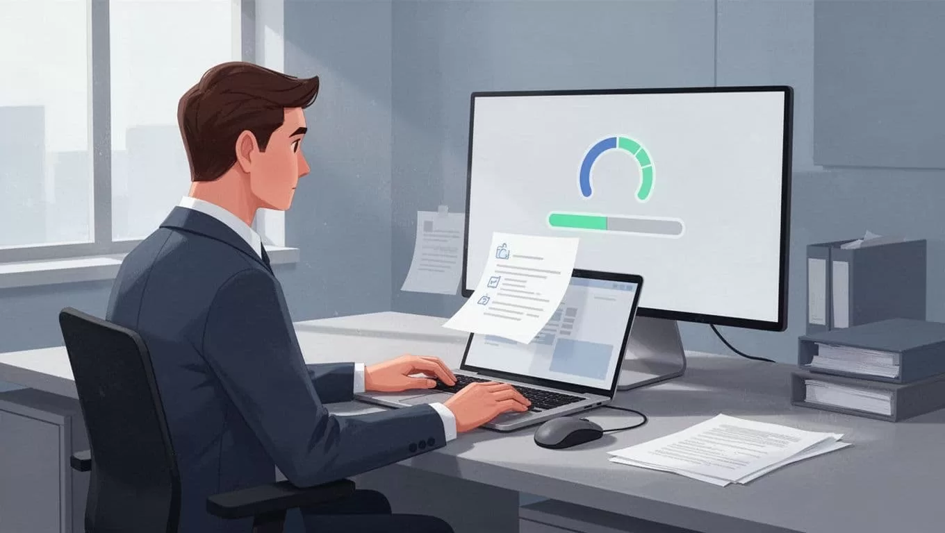 Modern illustration of a focused professional at a clean desk using a laptop to upload a PDF document to the Speechify web app, featuring a simple upload interface with progress bar.