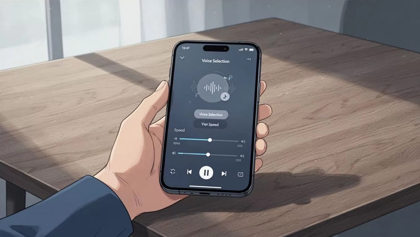 Modern illustration of a smartphone screen displaying the Speechify audio player with voice selection menu and speed slider, held by one hand on a wooden table in natural light.