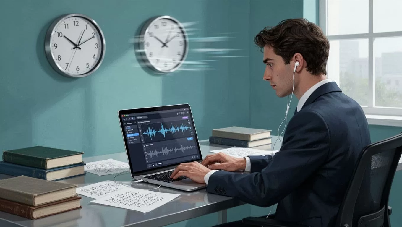 Modern illustration of a focused professional at a desk with laptop open to Speechify app, listening via earbuds while a clock shows fast time passage, surrounded by books and notes in a blue and green palette.