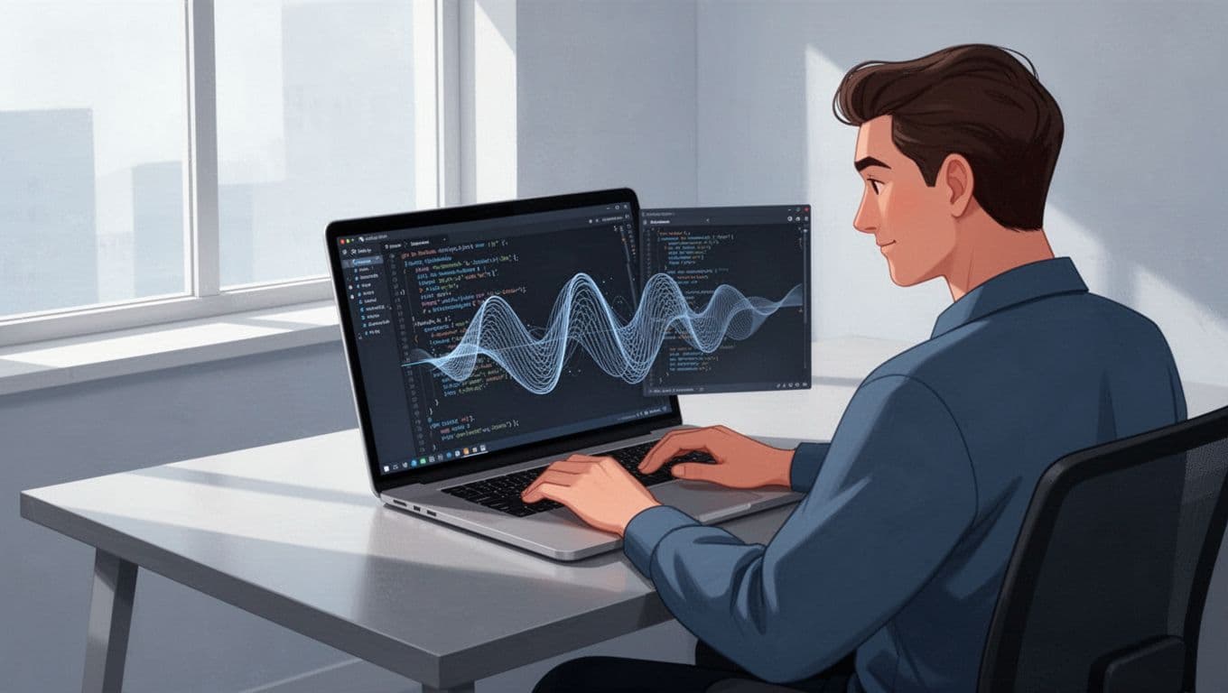 Modern illustration of a single developer at a desk coding backend API integration for a TTS app, with laptop screen showing code snippet, server icons, and waveform output in clean blues, grays, and whites.
