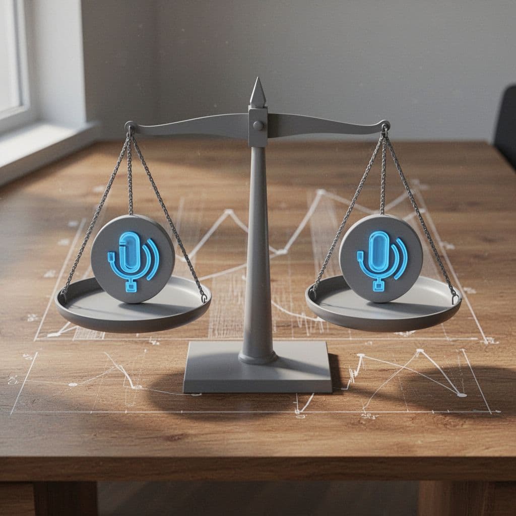 Modern illustration of a balanced scale comparing Speechify and a generic AI voice competitor icon on a wooden desk with graphs in the background, using clean shapes in neutral gray and accent blue.