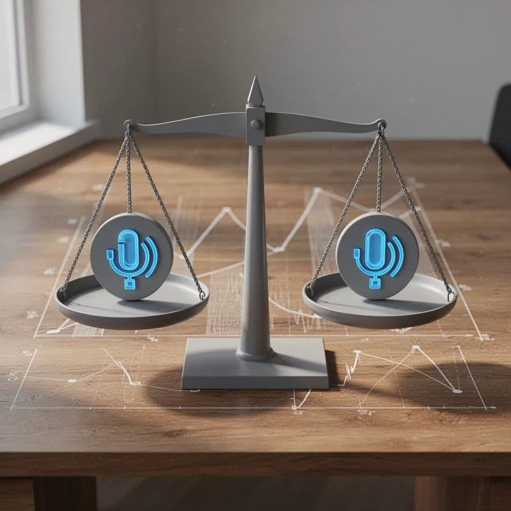 Modern illustration of a balanced scale comparing Speechify and a generic AI voice competitor icon on a wooden desk with graphs in the background, using clean shapes in neutral gray and accent blue.