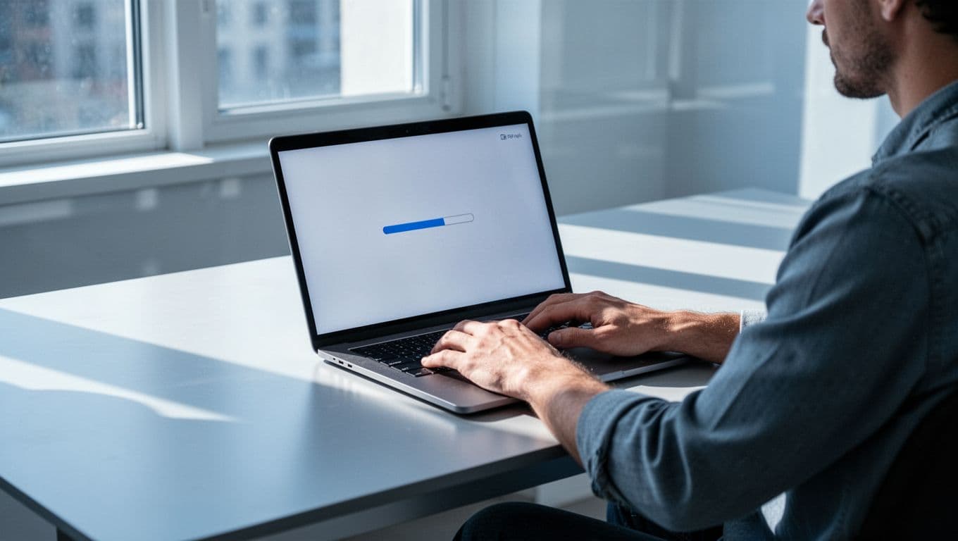 Modern illustration of a single person at a desk with laptop displaying Speechify web app uploading a PDF document, using clean shapes, soft blue and white colors, centered on upload action with natural light.