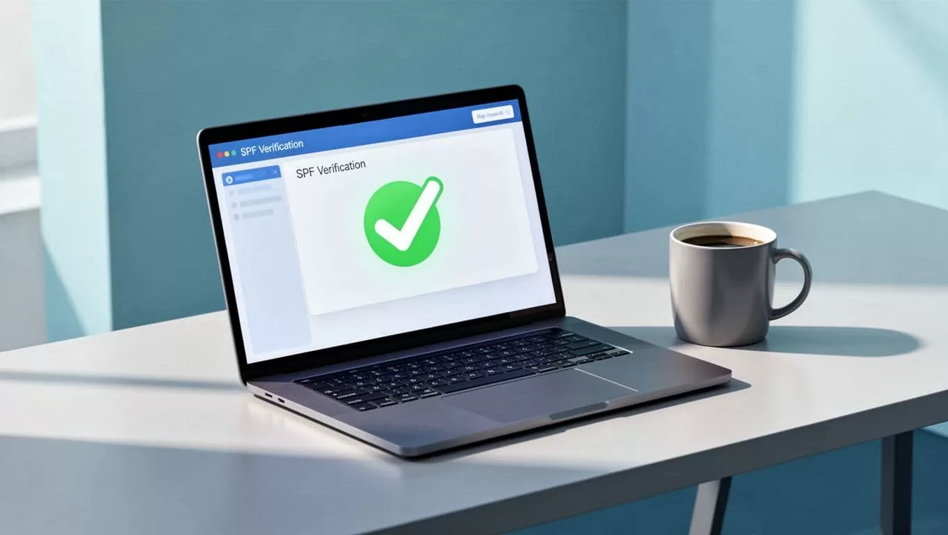 Laptop screen shows green checkmark from SPF verification tool, coffee mug on desk beside.