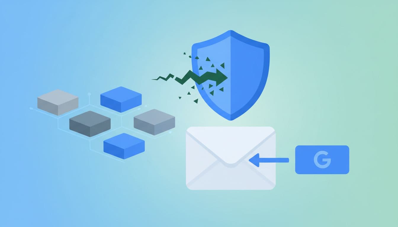 Shield blocks fake sender arrow from email envelope amid servers, authorized Google server sends correctly.