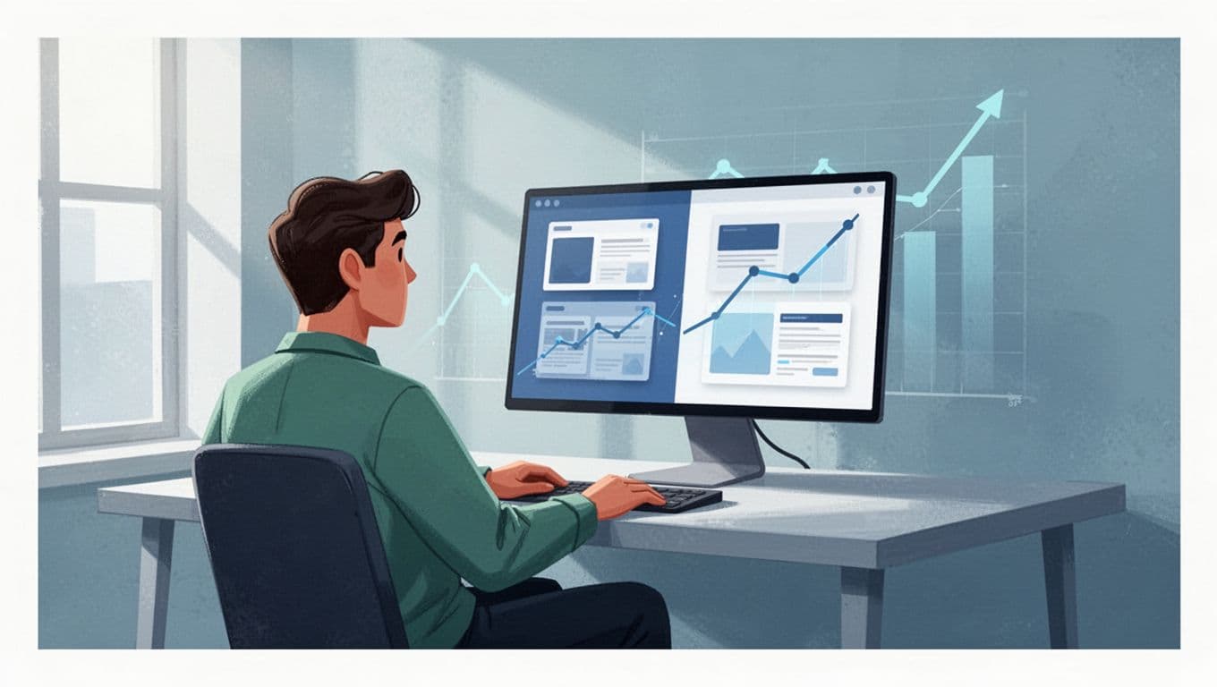 Modern illustration with clean shapes in blue and green palette showing a split screen of website A/B test headline variants A and B, rising analytics graph in background, and a relaxed person viewing results on a simple desk monitor.