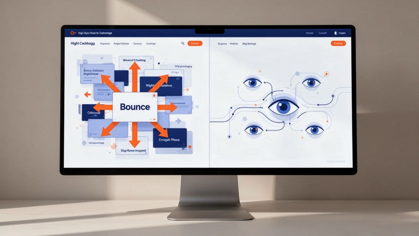 Modern illustration of a split-screen desktop monitor displaying cluttered high-bounce landing page variant on the left and clean optimized low-bounce variant on the right, with bounce indicators and engagement icons.