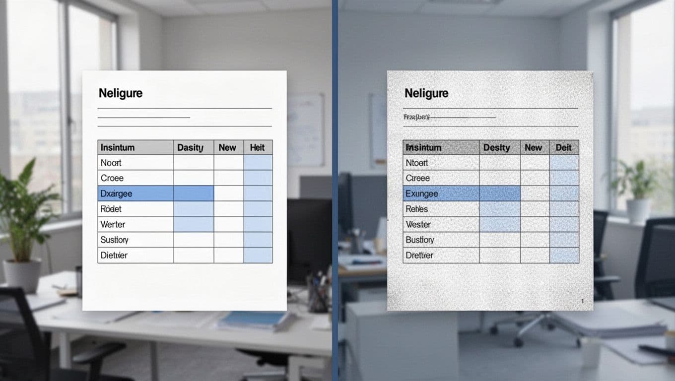 Split-view illustration contrasting a selectable text-based PDF document with highlighted table text on the left and an unselectable scanned image-based PDF table on the right. Neutral office background, clean modern style with blue-gray palette and strong central divide.