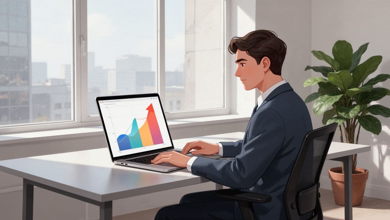 Illustration of a focused person at a modern desk using a laptop to view a trend dashboard with rising colorful graphs for products like outdoor chairs and blenders, in a simple office with window and plant.