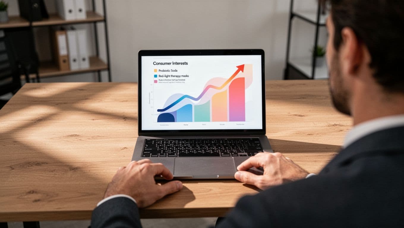 Modern illustration featuring a laptop on a wooden desk displaying the Exploding Topics dashboard with colorful rising trend graphs for early consumer trends like probiotic soda and red light masks. A single person views the screen from behind with relaxed hands on the desk in soft office lighting.