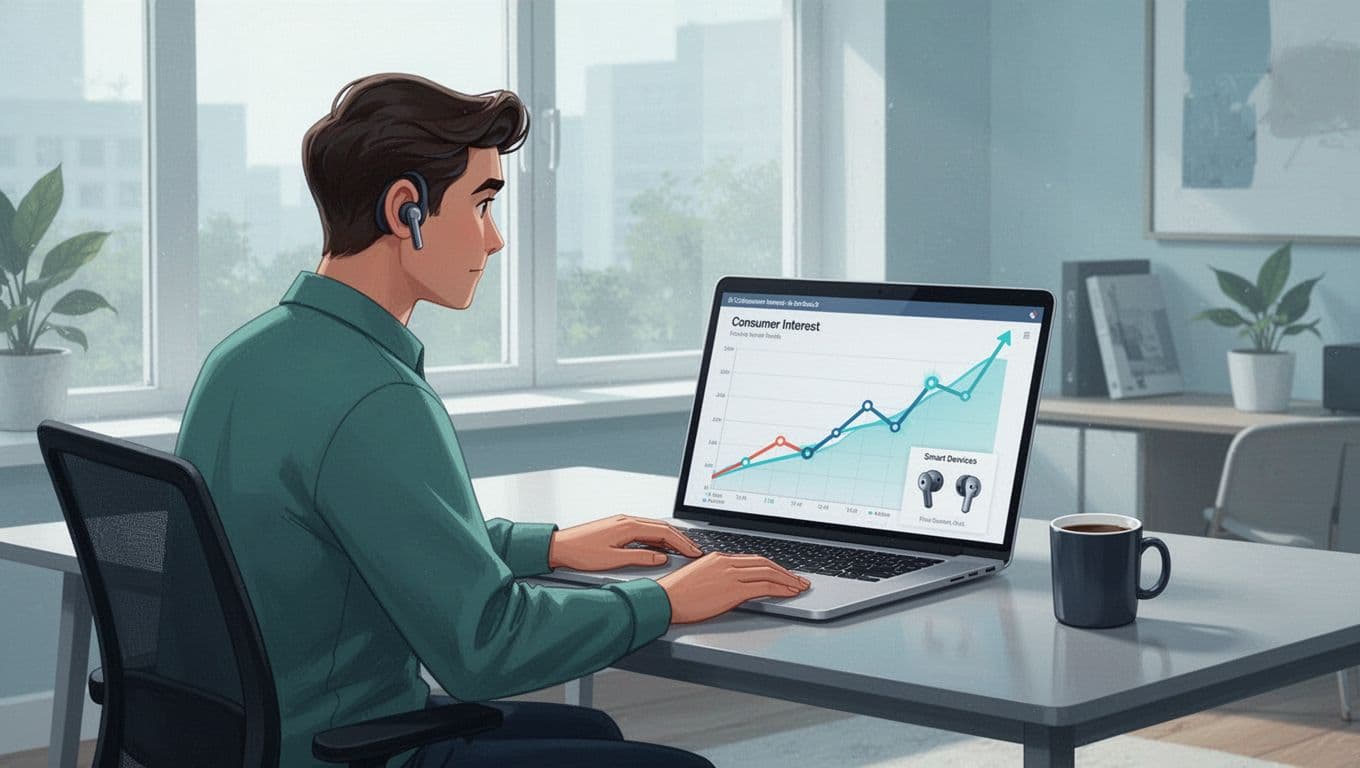 Modern illustration of a marketer in a bright home office analyzing colorful upward-trending line graphs on a laptop screen, displaying exploding search interest for emerging products like earbuds and smart devices.