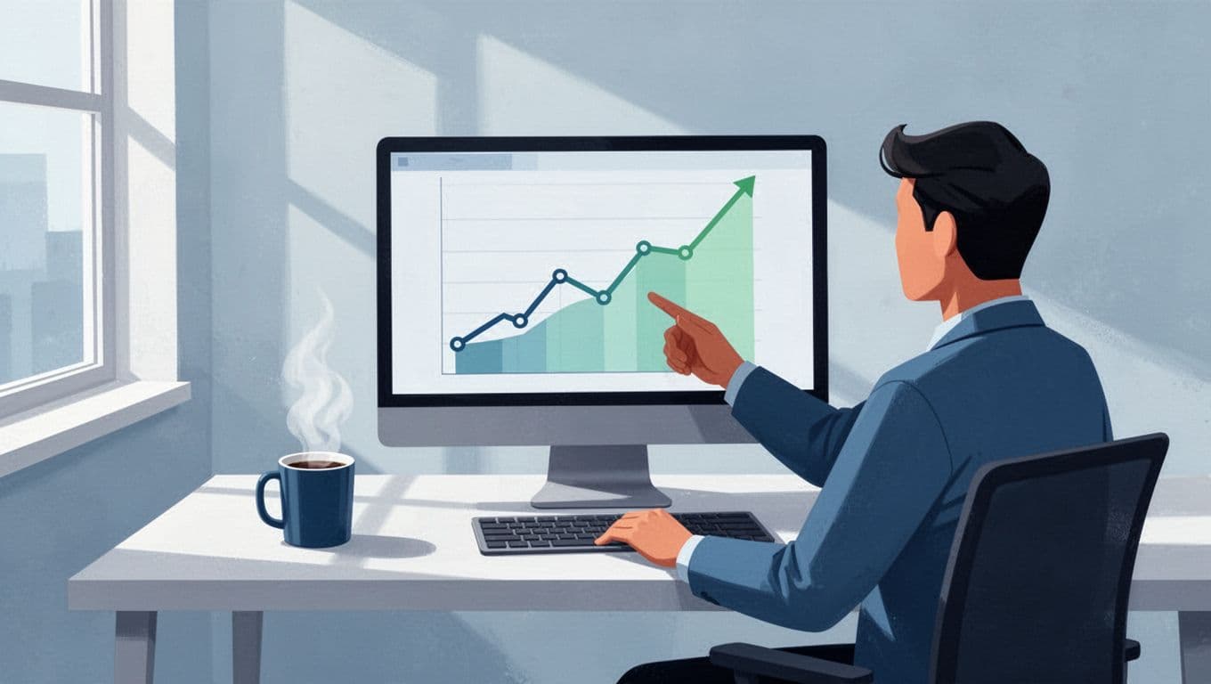 Modern illustration of a computer screen showing a rising trend graph from the Exploding Topics tool, with one person sitting and pointing at the screen, a coffee mug on the desk nearby, using clean shapes in blues and greens.