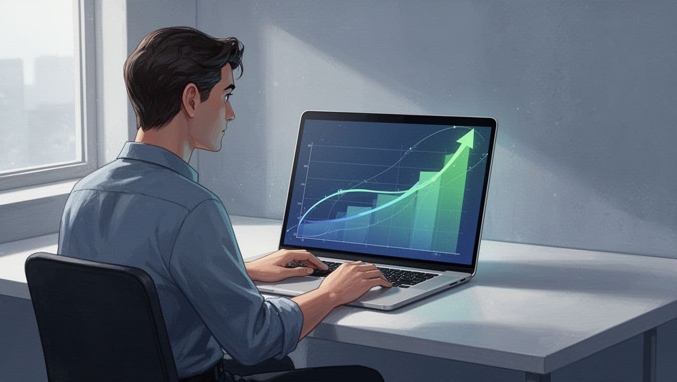 Modern illustration of a person at a desk spotting rising trend graphs on a laptop screen, featuring clean shapes, controlled blue and green colors, and strong composition with upward curving trend lines.