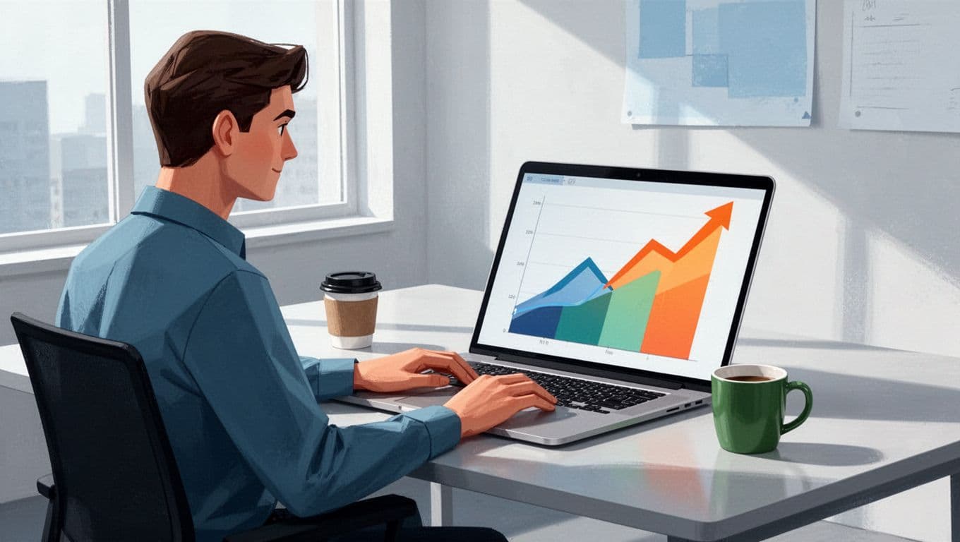 Modern illustration of one person sitting at a modern desk in a bright office, viewing the Exploding Topics dashboard on a laptop screen at a slight angle, featuring abstract rising graphs for seasonal trends like holiday peaks, with a coffee mug nearby and relaxed hands on the keyboard.