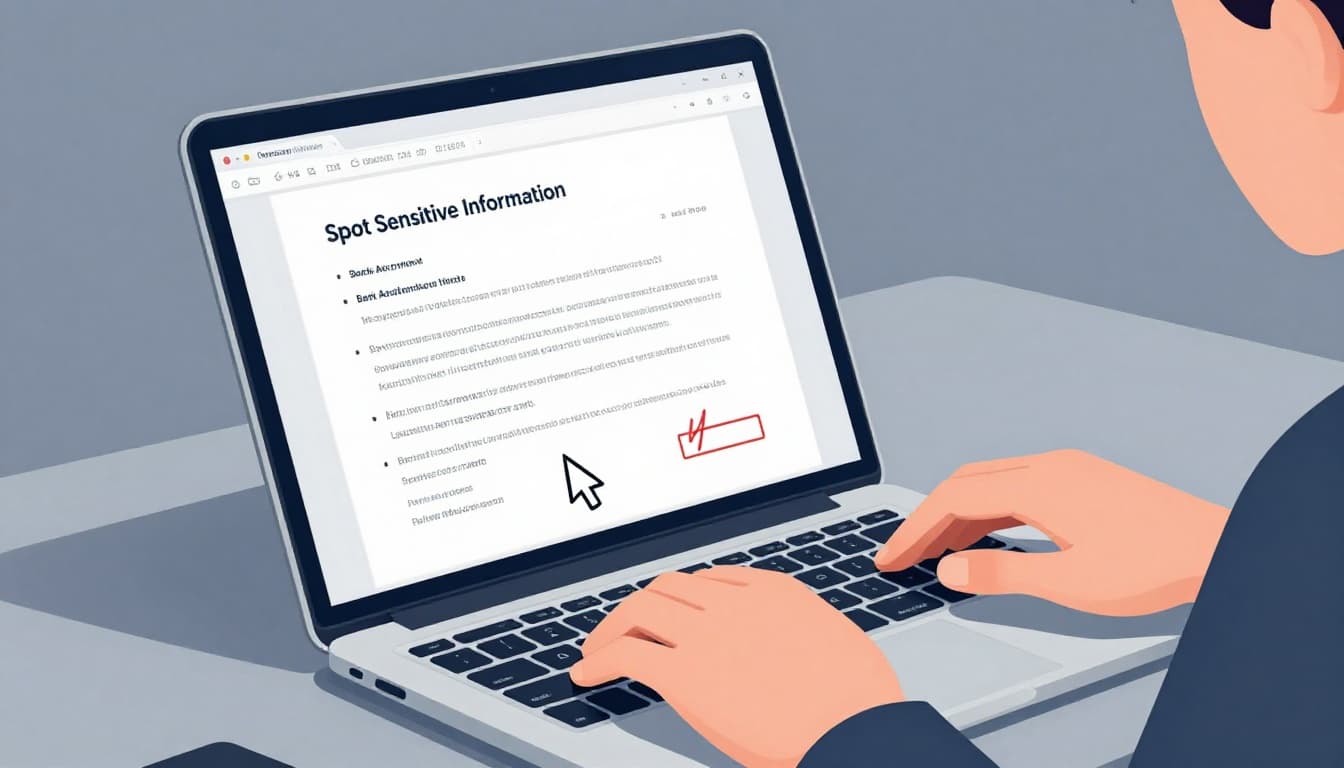 Modern illustration of a focused professional at a desk with a laptop displaying a PDF document, cursor highlighting sensitive areas like SSN, bank details, address, and signature in red outlines using a clean palette of blues, grays, and reds.