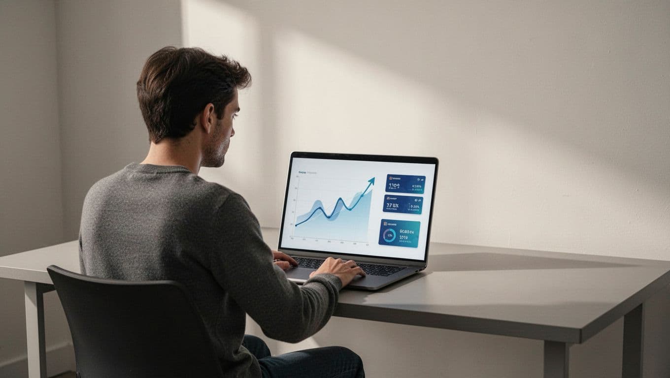 Modern illustration of a laptop on a simple desk displaying a trend dashboard with upward graphs and topic cards, soft office lighting, exactly one person sitting and viewing, clean shapes, controlled colors, strong composition, landscape aspect ratio.