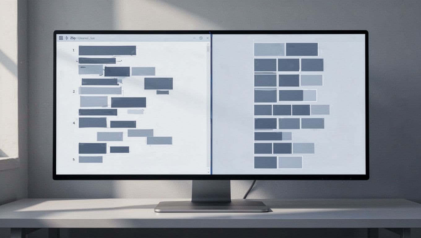 Modern illustration on a monitor displaying a split-screen before-and-after view of spreadsheet data cleaning: left side shows messy column with extra spaces, leading/trailing spaces, and inconsistent capitalization; right side shows clean, trimmed text in proper case; desk setting with soft lighting, clean shapes, blue-gray palette, no text or watermarks.