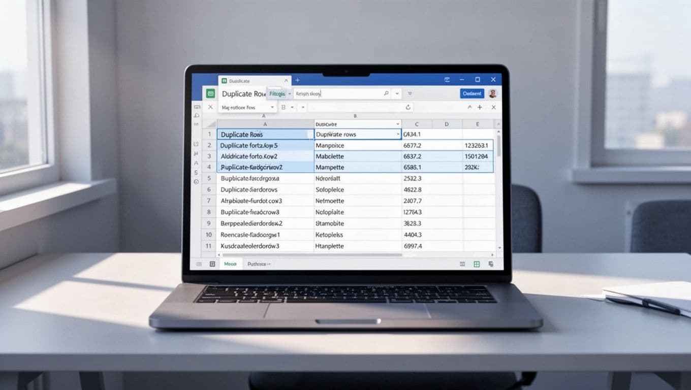 Modern illustration of a spreadsheet on a laptop screen showing highlighted duplicate rows being removed by a filter, emerging as a clean unique list against a simple office desk background in blues and grays.