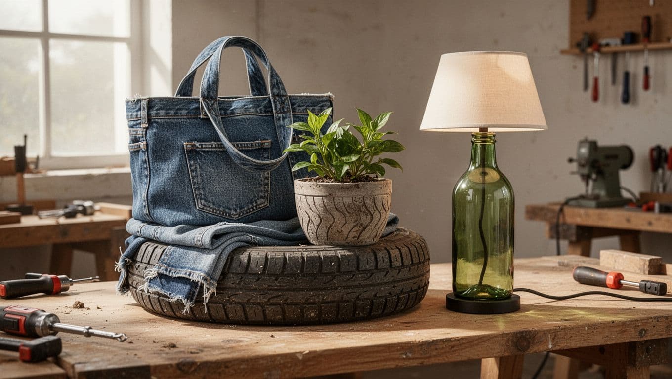 Modern illustration featuring a stack of upcycled items like a denim bag from old jeans, tire planter from recycled rubber, and glass bottle lamp on a wooden table in a natural light workshop with subtle tools.
