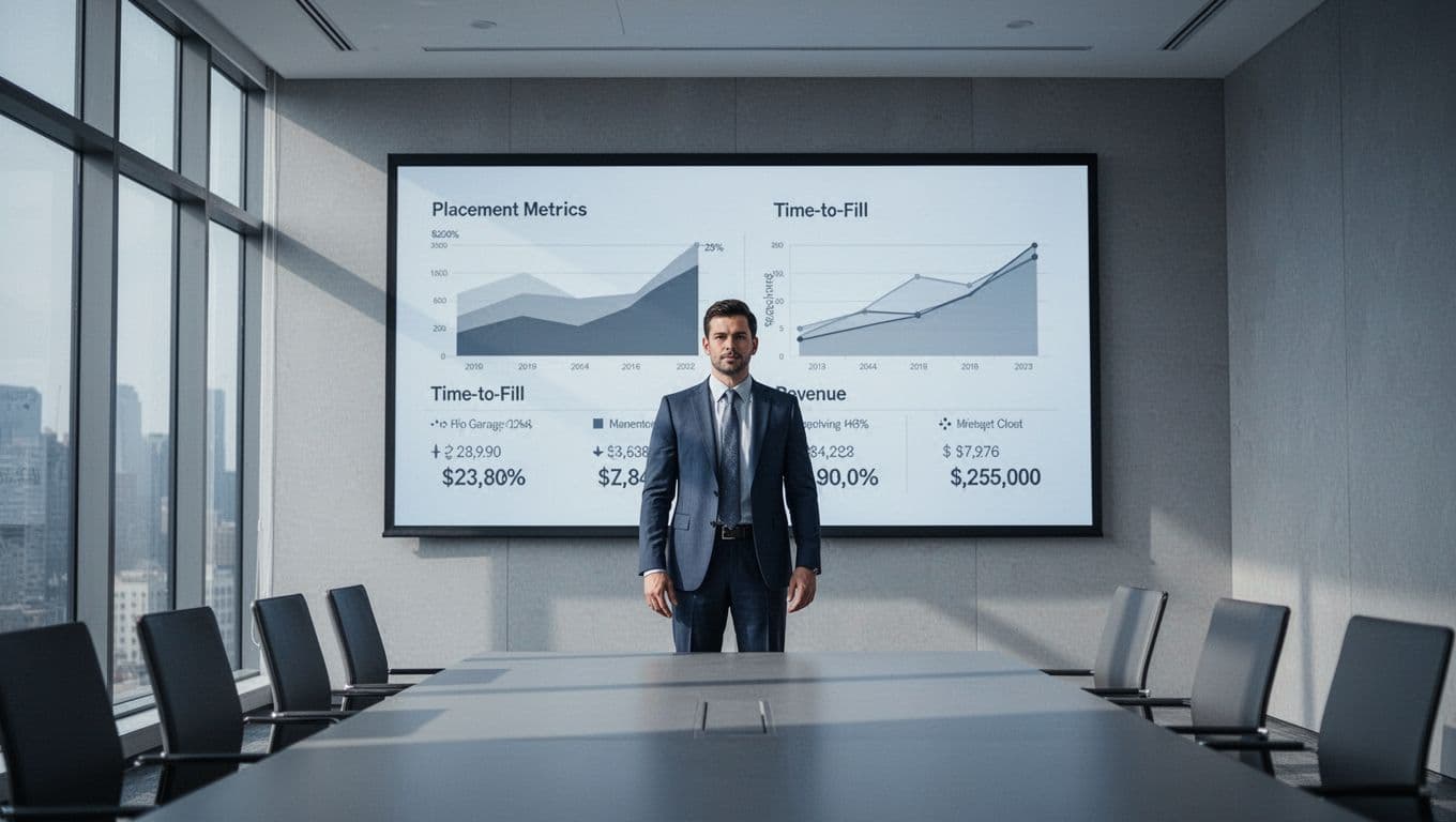 Agency owner stands in modern conference room viewing large screen dashboard with placement metrics, time-to-fill graphs, and revenue charts.
