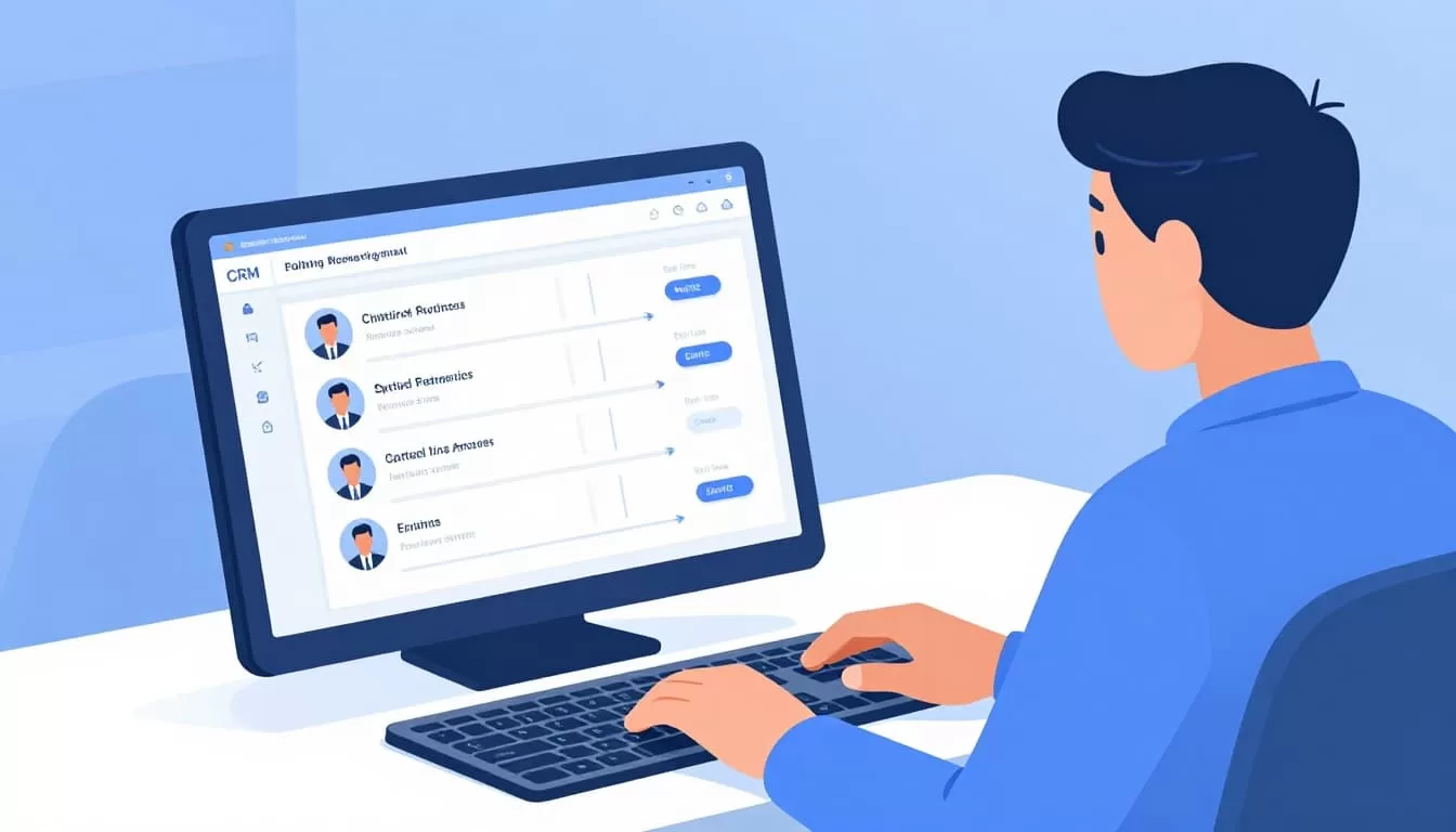 Modern illustration of a single recruiter in a bright office at a desk with a laptop open to a CRM dashboard displaying simple pipeline stages and candidate icons. Clean blues and whites color palette, relaxed hands near keyboard, angle view of screen with natural lighting.