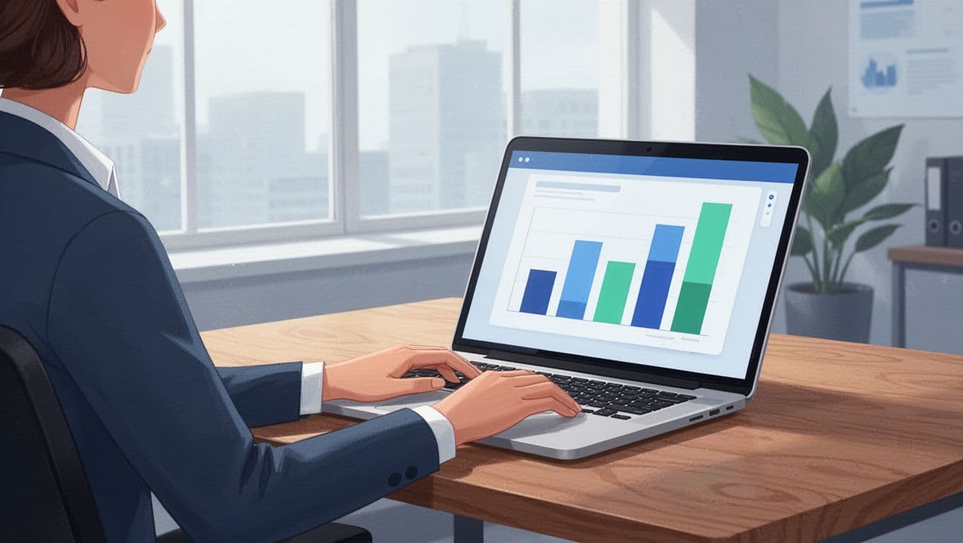 Recruiter at wooden desk views laptop showing staffing KPI bar charts in bright office.