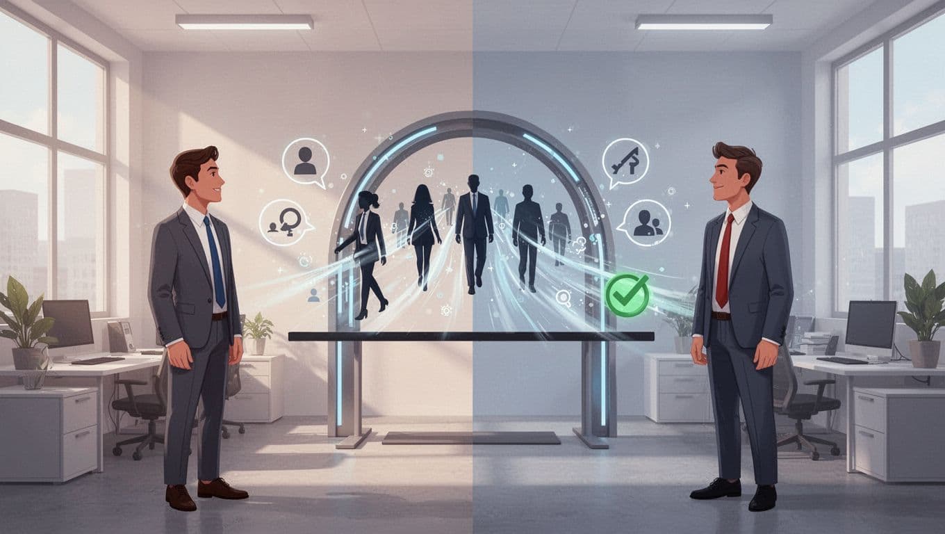 Illustration of candidate profiles flowing from agency recruiter to client hiring manager through a portal bridge, with feedback and approval icons in a split office scene.