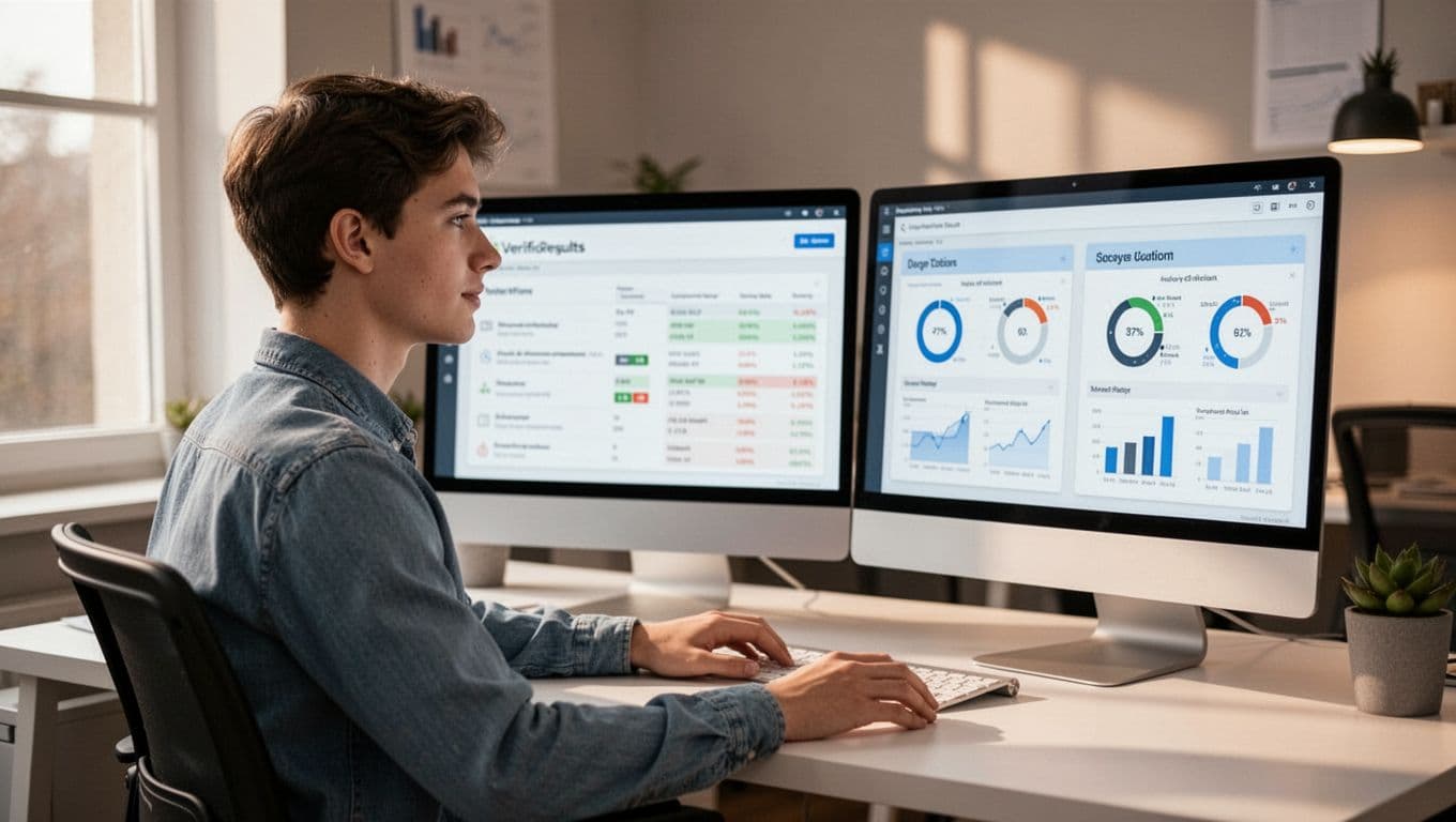 Illustration of a startup sales rep in a cozy office reviewing sales prospecting tools on dual monitors, one displaying email verification results and the other showing alternatives comparison, with a thoughtful pose and modern clean style.